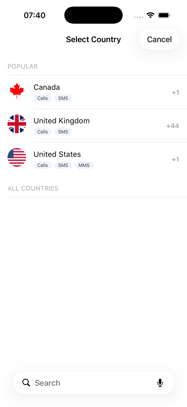 Select Country screen listing popular countries with their Calls, SMS and MMS capabilities