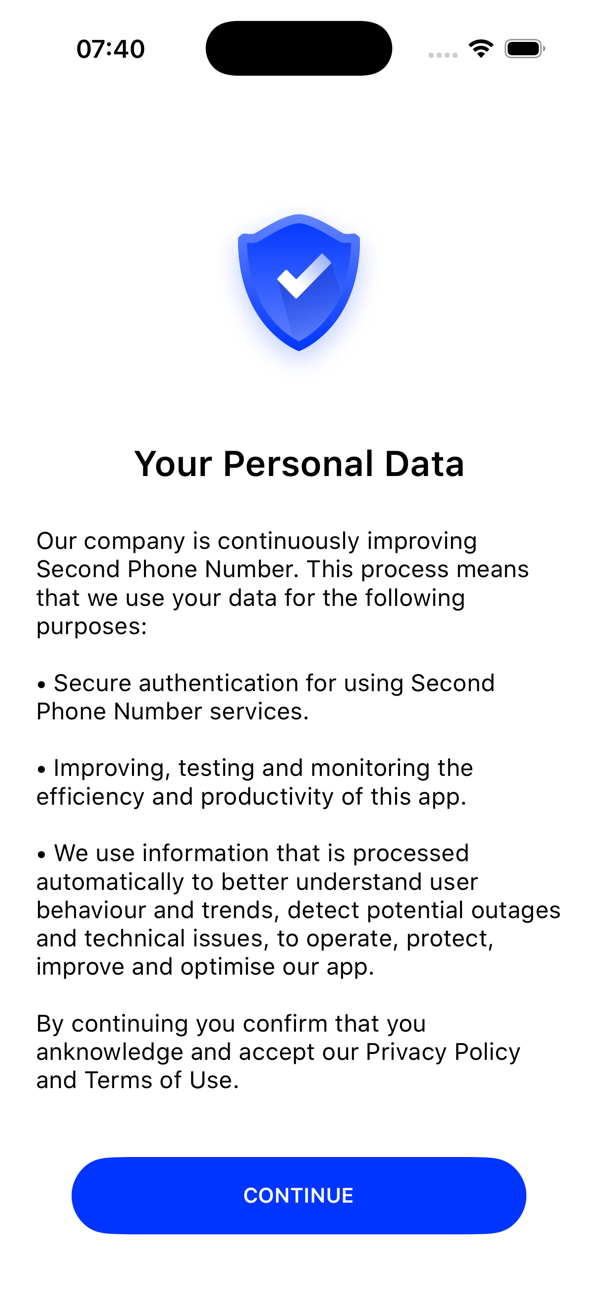 Your Personal Data screen explaining how the app uses your data, with a CONTINUE button