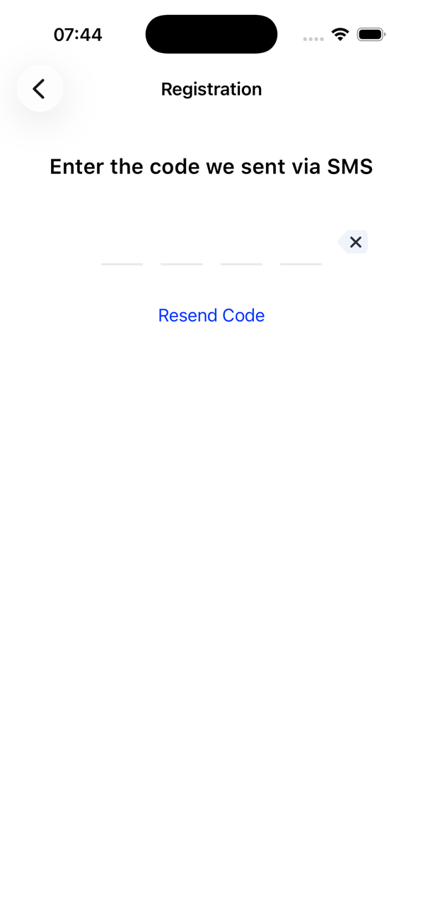 Registration screen asking for the code sent by SMS, with a Resend Code link