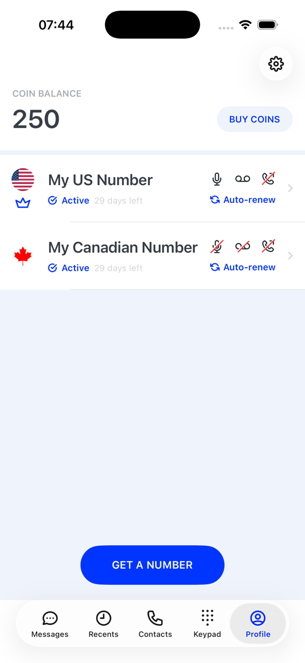 Profile screen showing the coin balance, two active numbers with their settings icons, and a GET A NUMBER button