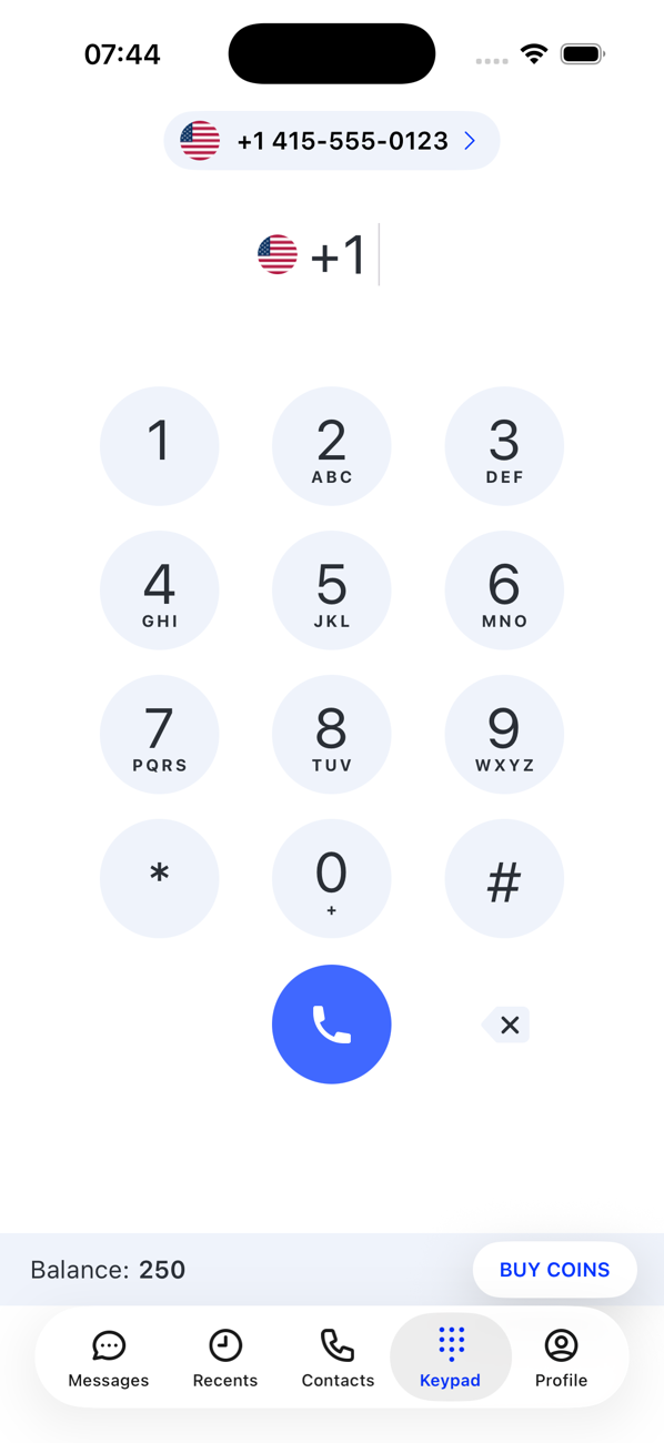 Keypad screen with the number switcher at the top, the country flag, the dial pad and the coin balance