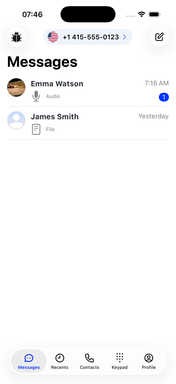 Messages list showing conversations with Emma Watson and James Smith, one unread