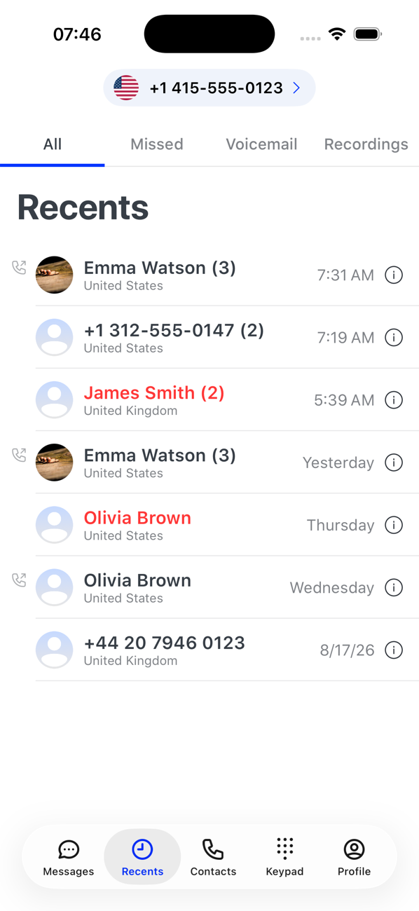 Recents tab showing all calls with contact names, countries and times