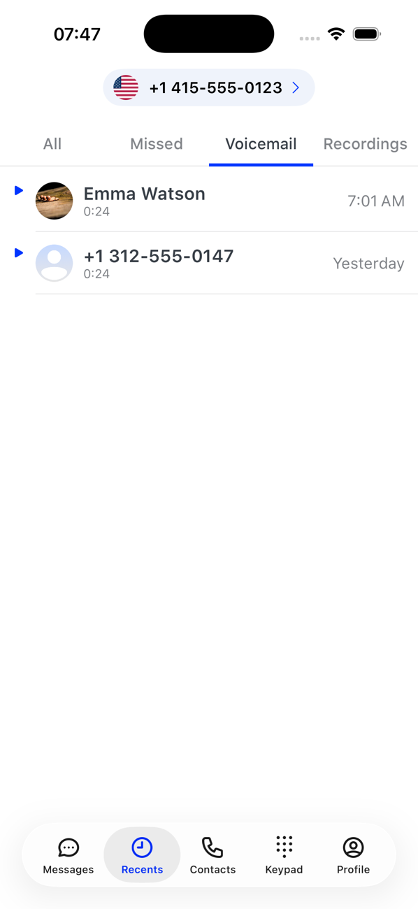 Recents Voicemail tab listing two voicemails with their durations