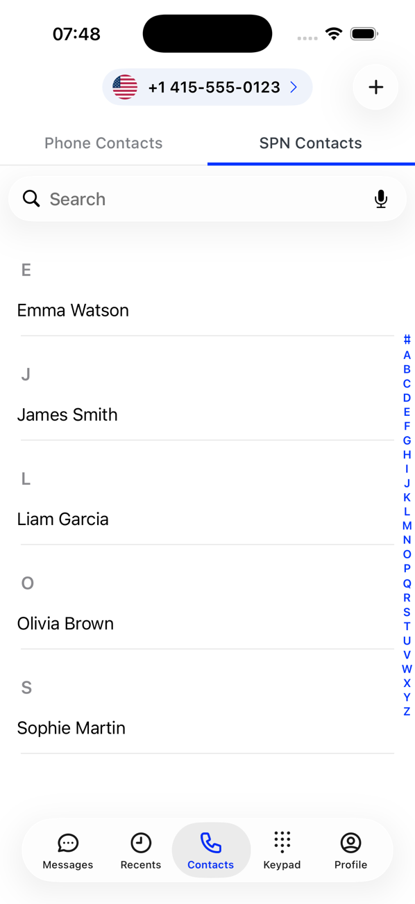Contacts tab on SPN Contacts, listing private contacts alphabetically with an A–Z index