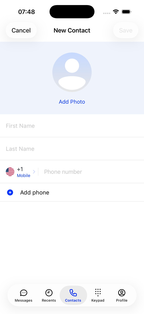 New Contact form with Add Photo, First Name, Last Name and a phone number field