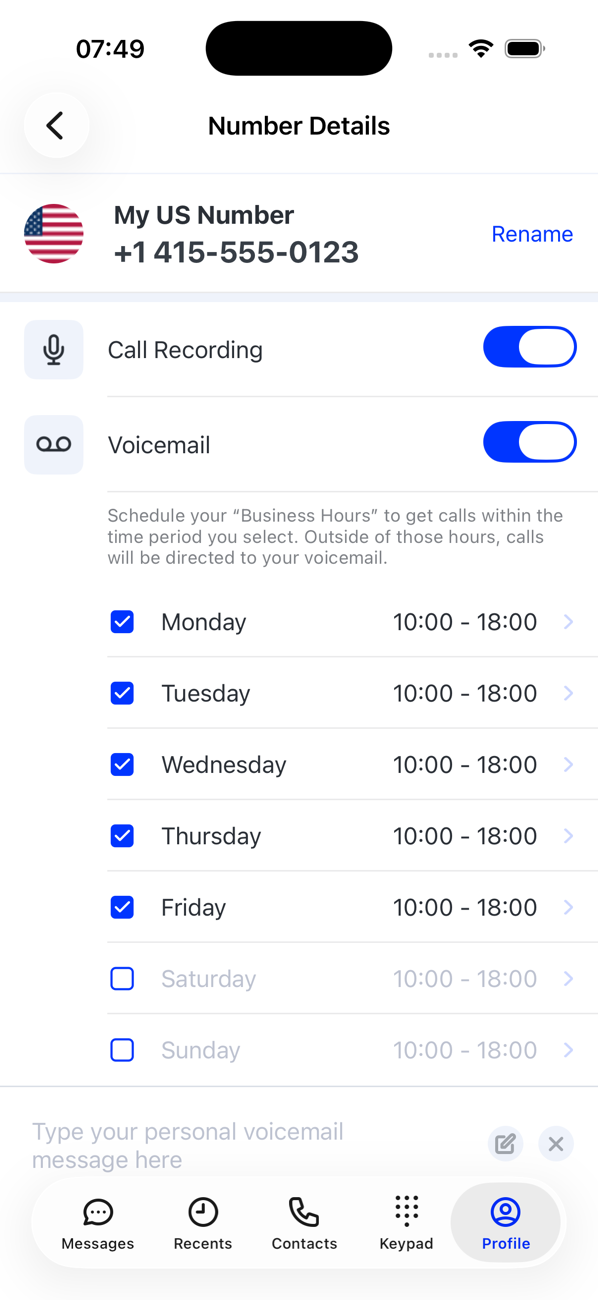 Number Details screen for the primary number with Call Recording and Voicemail switches and business hours per day