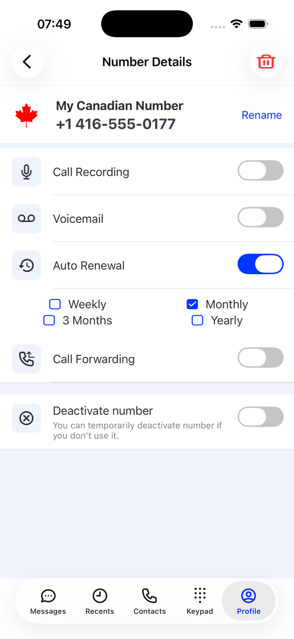 Number Details for an extra number with Rename, Call Recording, Voicemail, Auto Renewal options and Reactivate number