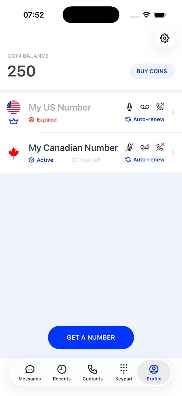 Profile screen with the primary number marked Expired and an active extra number