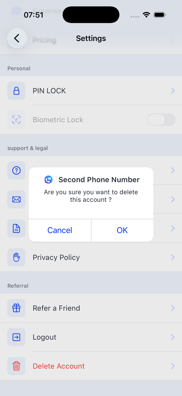 Settings screen with the Delete Account confirmation: Are you sure you want to delete this account? Cancel or OK