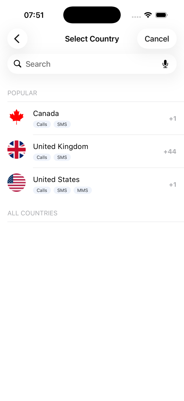 Select Country screen when adding a number, with popular countries and a search field