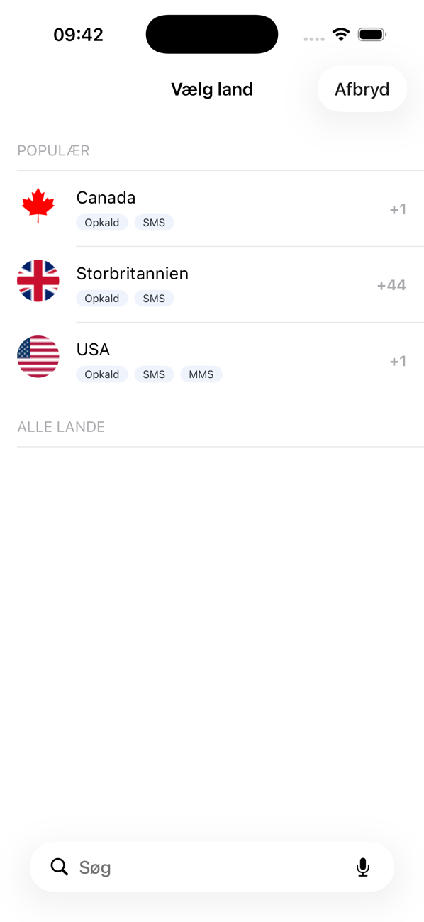 Skærmen Vælg land med en liste over populære lande og deres funktioner: Opkald, SMS og MMS
