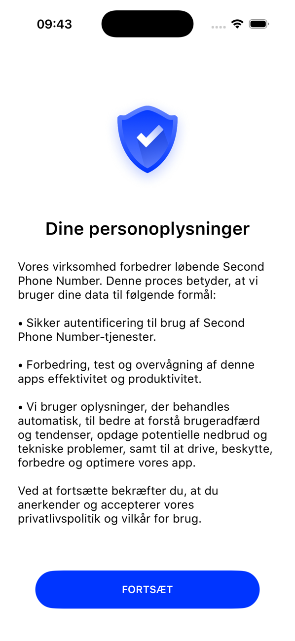 Skærmen Dine personlige data, der forklarer, hvordan appen bruger dine data, med en FORTSÆT-knap