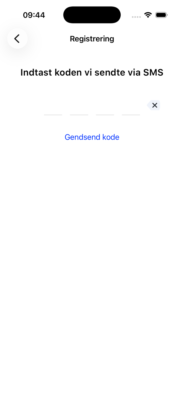 Registreringsskærm, der beder om koden sendt på SMS, med et link Send koden igen
