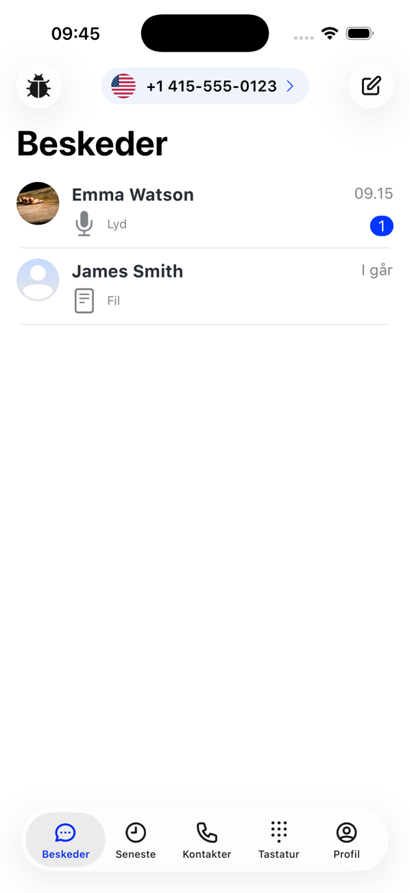 Beskedlisten med samtaler med Emma Watson og James Smith, én ulæst