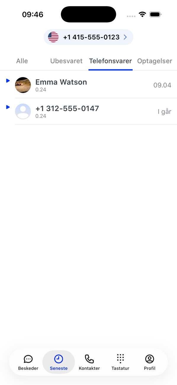 Fanen Telefonsvarer under Seneste med to telefonsvarerbeskeder og deres varighed