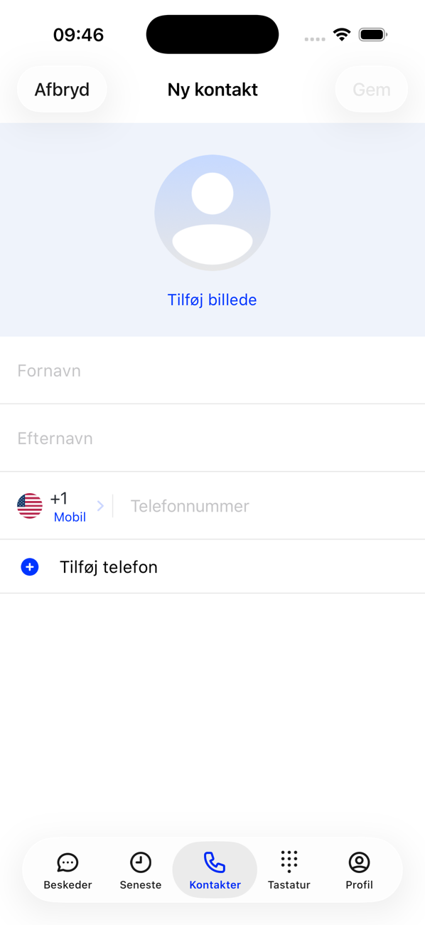Formularen Ny kontakt med Tilføj foto, Fornavn, Efternavn og et telefonnummerfelt