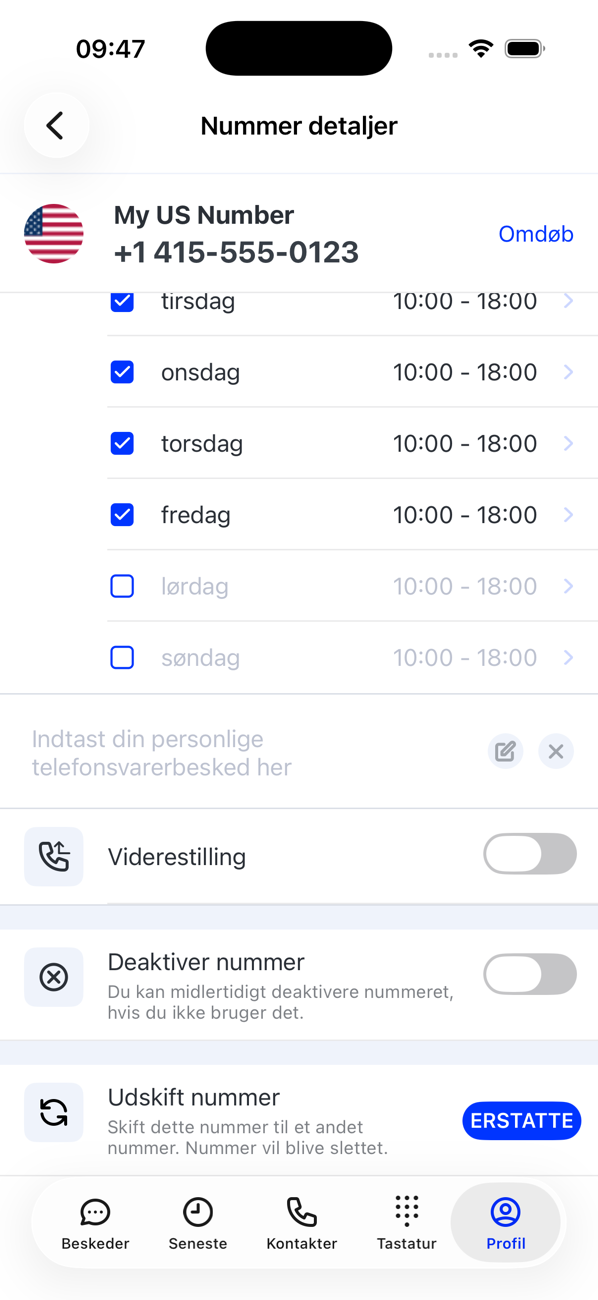 Nederste halvdel af Nummerdetaljer: åbningstider, feltet til den personlige telefonsvarerbesked, Viderestilling, Deaktiver nummer og Udskift nummer