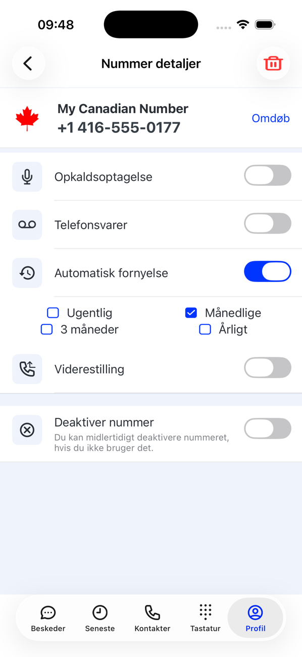 Nummerdetaljer for et ekstra nummer med Omdøb, Opkaldsoptagelse, Telefonsvarer, valgmuligheder for Automatisk fornyelse og Genaktiver nummer