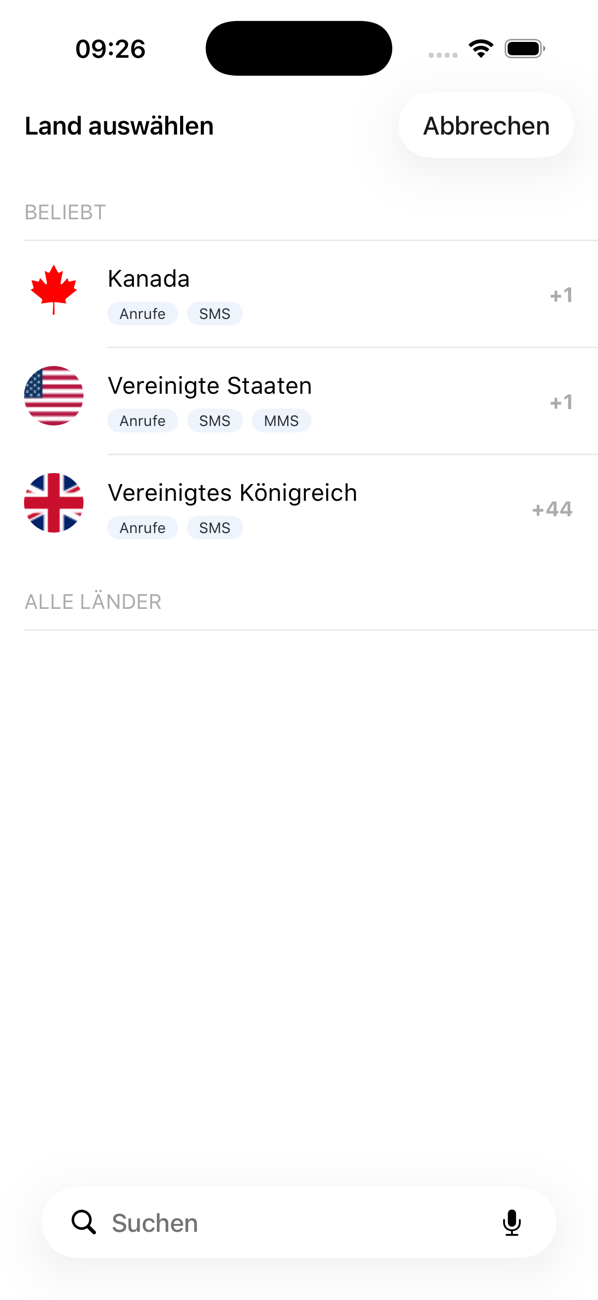 Bildschirm „Land auswählen“ mit beliebten Ländern und ihren Funktionen Anrufe, SMS und MMS
