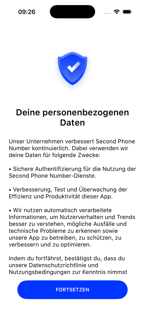 Bildschirm „Ihre persönlichen Daten“, der erklärt, wie die App Ihre Daten nutzt, mit der Taste WEITER