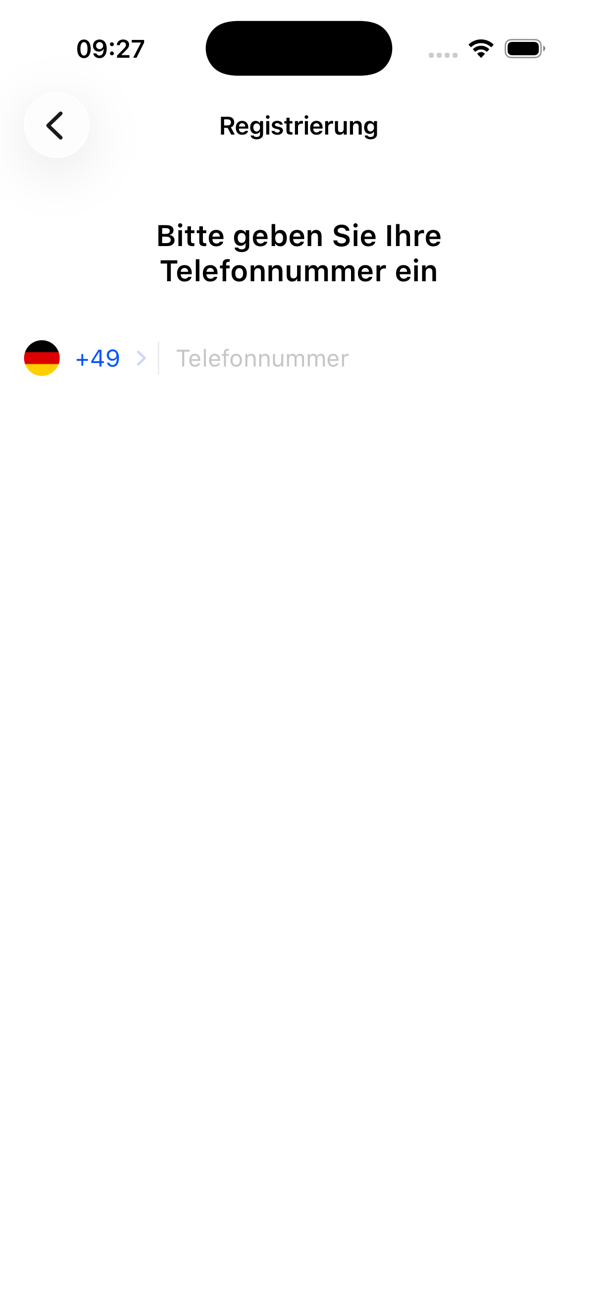 Registrierungsbildschirm, der nach Ihrer Telefonnummer fragt, mit gewählter Ländervorwahl