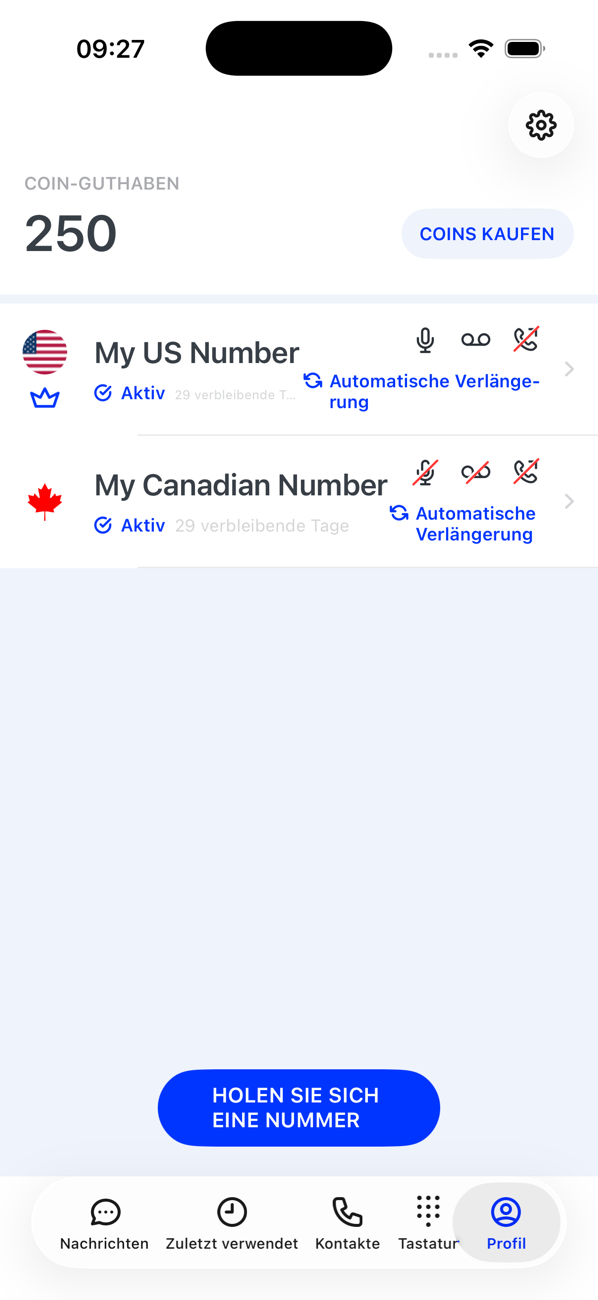 Profil-Bildschirm mit dem Coin-Guthaben, zwei aktiven Nummern mit ihren Einstellungssymbolen und der Taste HOLEN SIE SICH EINE NUMMER
