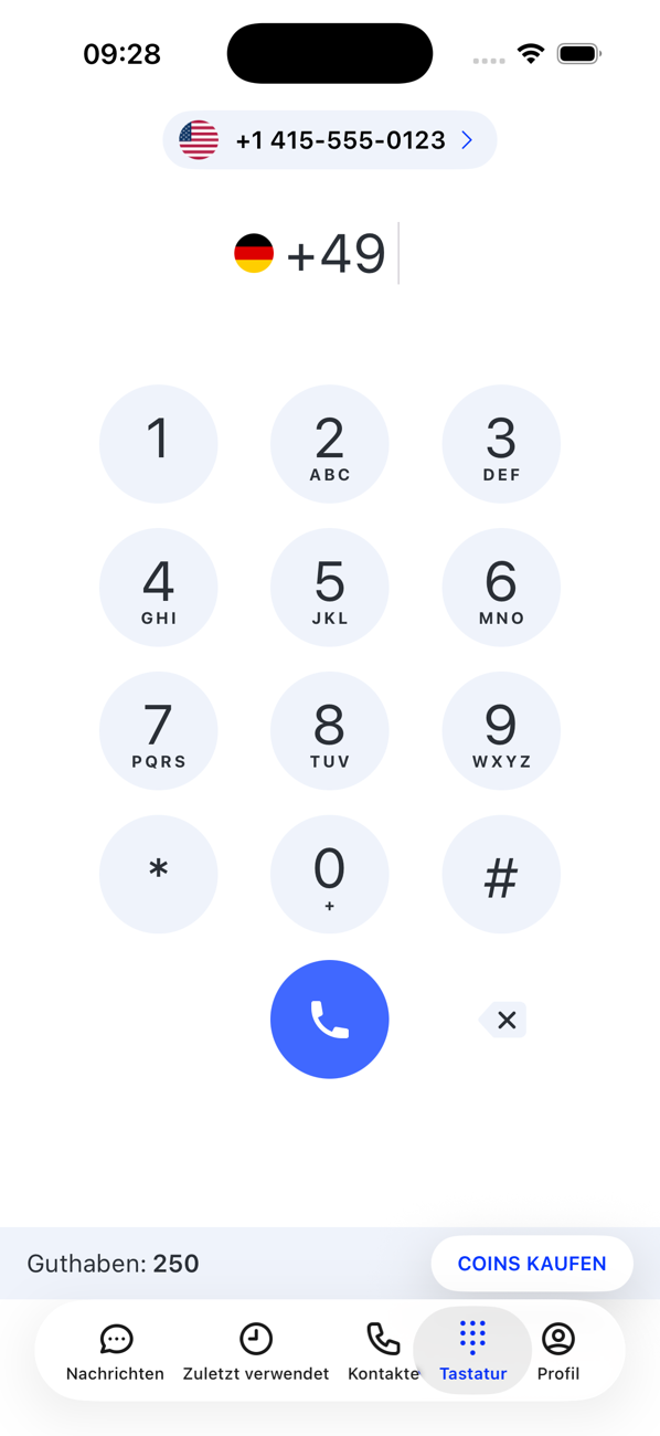 Tastatur-Bildschirm mit dem Nummernumschalter oben, der Länderflagge, dem Wählfeld und dem Coin-Guthaben