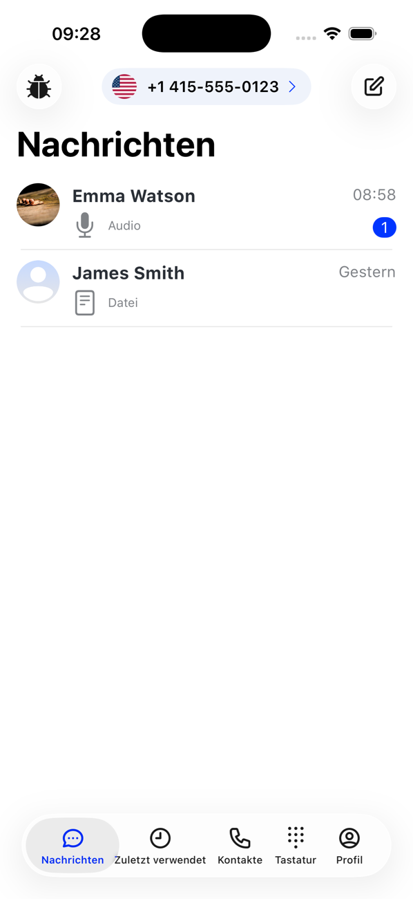 Nachrichtenliste mit Unterhaltungen mit Emma Watson und James Smith, eine davon ungelesen
