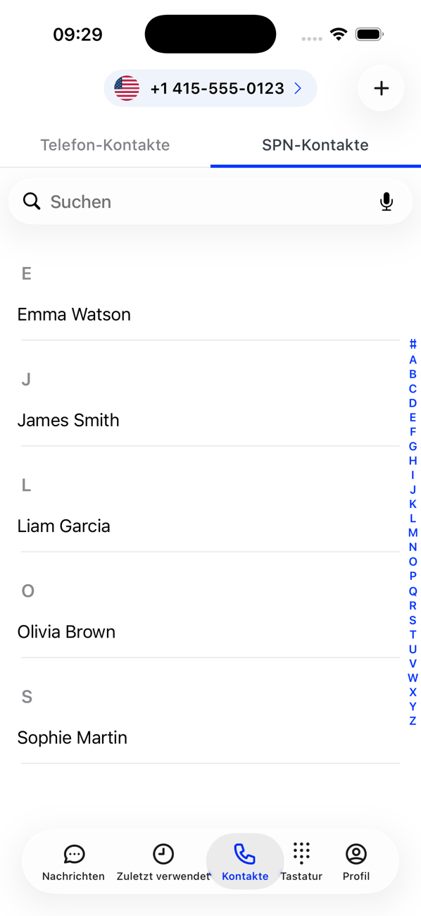 Tab „Kontakte“ auf SPN-Kontakte, mit alphabetisch sortierten privaten Kontakten und einem A–Z-Index
