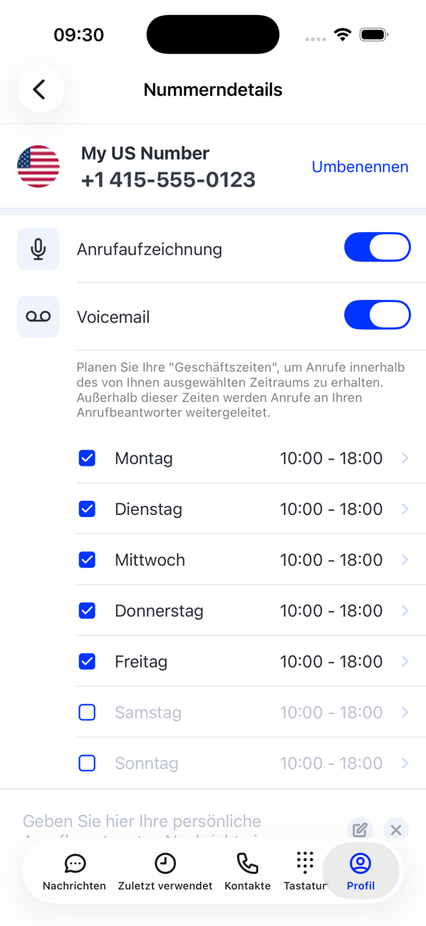 Bildschirm „Nummerndetails“ für die Hauptnummer mit den Schaltern Anrufaufzeichnung und Voicemail sowie Geschäftszeiten pro Tag