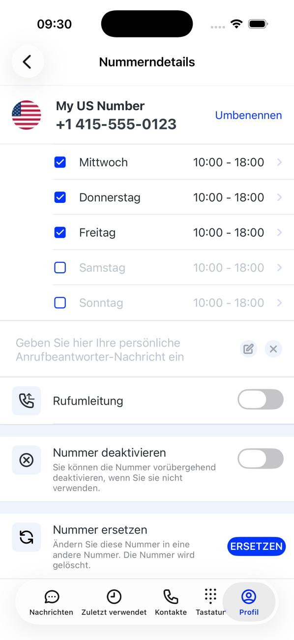 Untere Hälfte der Nummerndetails: Geschäftszeiten, das Feld für die persönliche Voicemail-Nachricht, Rufumleitung, Nummer deaktivieren und Nummer ersetzen