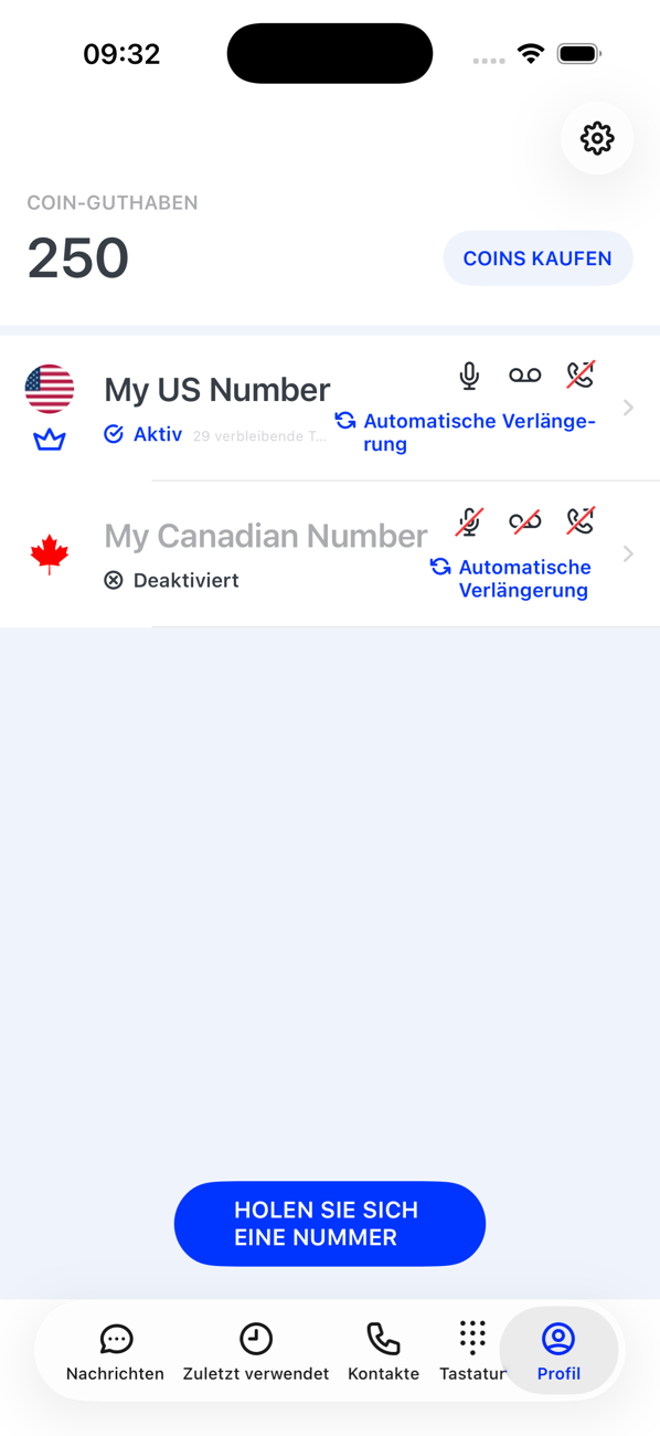 Profil-Bildschirm mit einer aktiven und einer deaktivierten Nummer