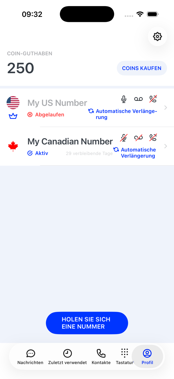 Profil-Bildschirm mit der Hauptnummer im Status Abgelaufen und einer aktiven weiteren Nummer