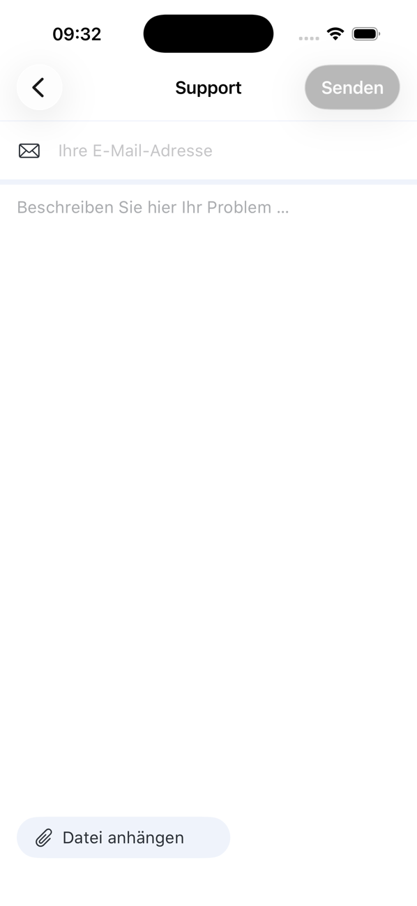 Support-Bildschirm mit einem Feld für Ihre E-Mail, einem Feld zur Beschreibung des Problems, der Taste „Datei anhängen“ und Senden