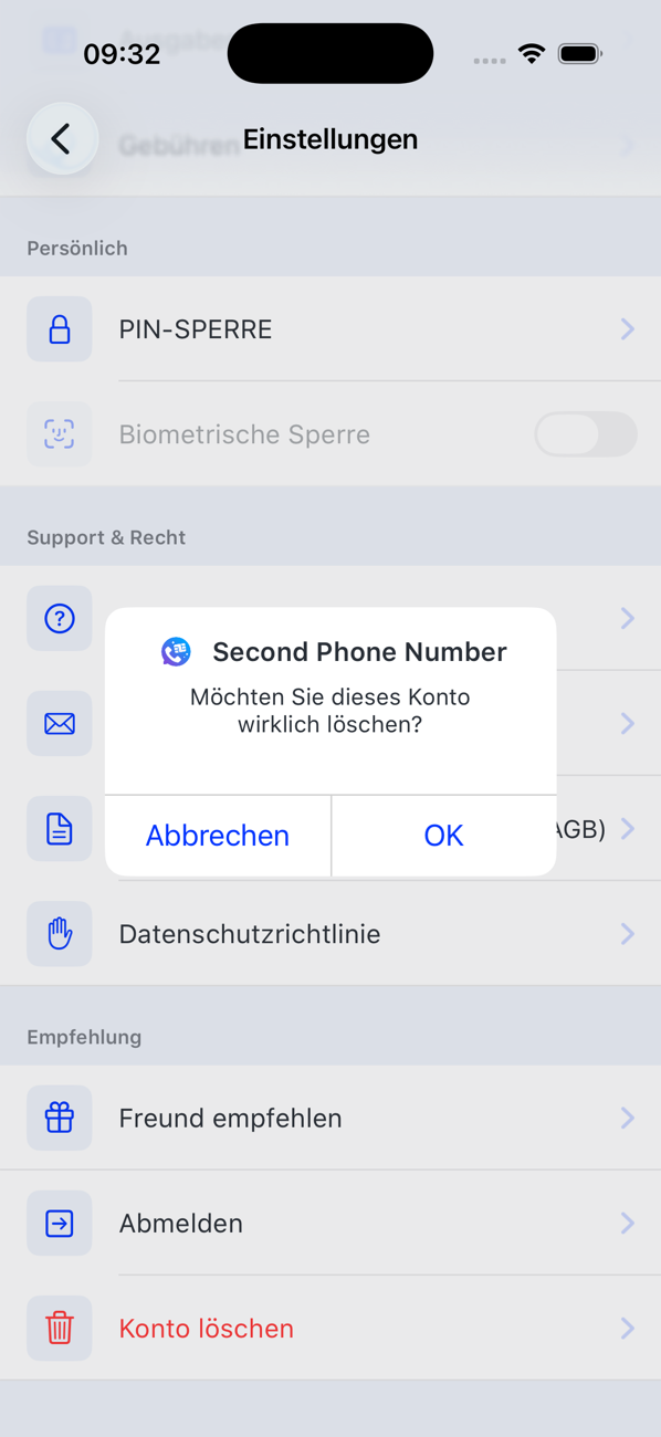 Einstellungen-Bildschirm mit der Bestätigung für Konto löschen: Möchten Sie dieses Konto wirklich löschen? Abbrechen oder OK