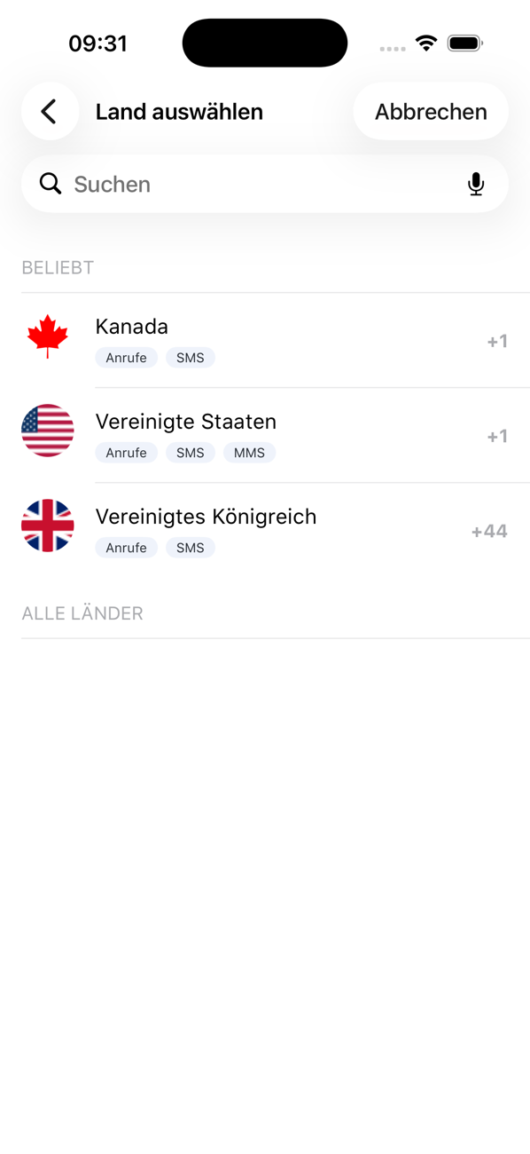 Bildschirm „Land auswählen“ beim Hinzufügen einer Nummer, mit beliebten Ländern und einem Suchfeld