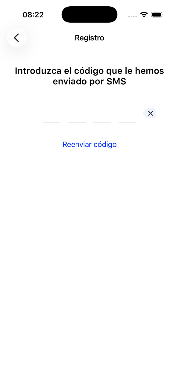 Pantalla de registro que pide el código enviado por SMS, con un enlace Reenviar código