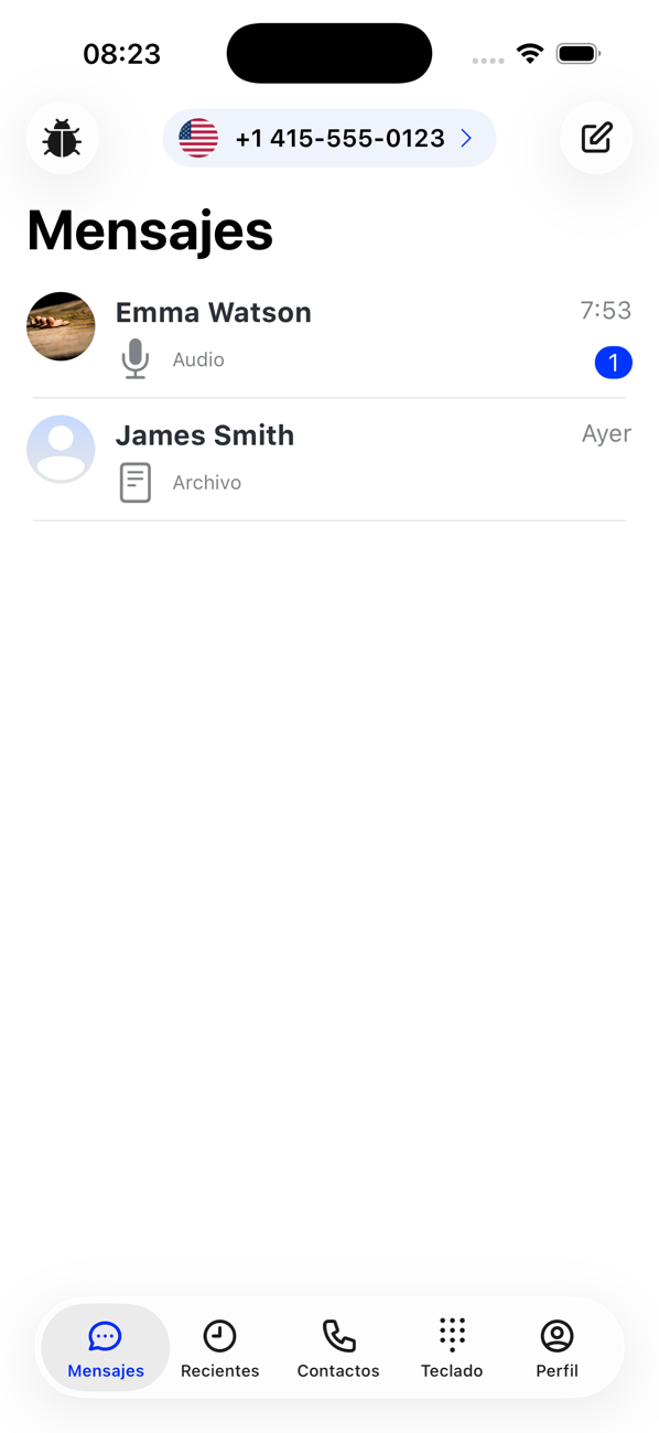 Lista de Mensajes con conversaciones con Emma Watson y James Smith, una de ellas sin leer