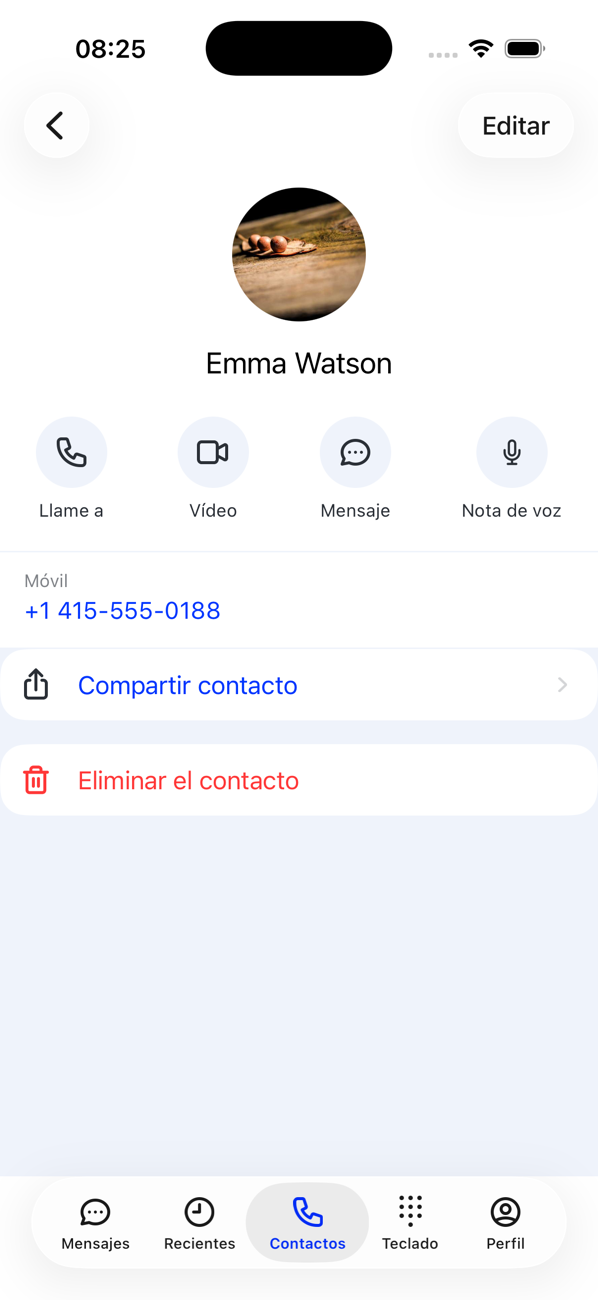 Perfil de un contacto con los botones Llamar, Video, Mensaje y Nota de voz, el número de teléfono, Compartir contacto y Eliminar contacto