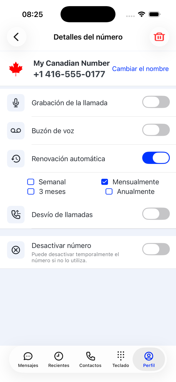 Detalles del número de un número adicional con Cambiar el nombre, Grabación de la llamada, Buzón de voz, las opciones de Renovación automática y Reactivar número
