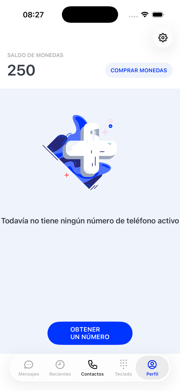 Pantalla Perfil sin números todavía: el saldo de monedas, el aviso Todavía no tienes números de teléfono activos y un botón OBTENER UN NÚMERO; las demás pestañas aparecen atenuadas