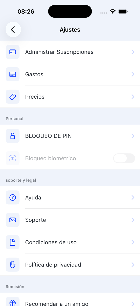 Pantalla Ajustes con Gestionar suscripciones, Gastos, Precios, BLOQUEO DE PIN, Bloqueo biométrico, Ayuda, Soporte, Condiciones de uso, Política de privacidad y Recomendar a un amigo