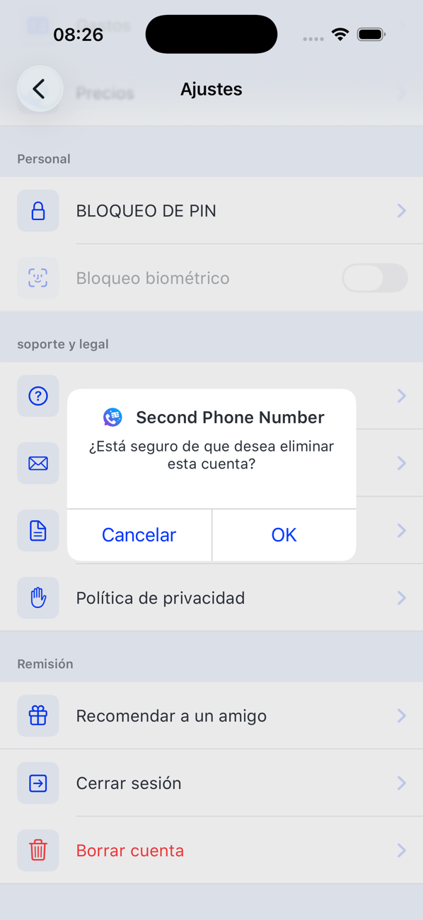 Pantalla Ajustes con la confirmación de Borrar cuenta: ¿Seguro que quieres borrar esta cuenta? Cancelar u OK