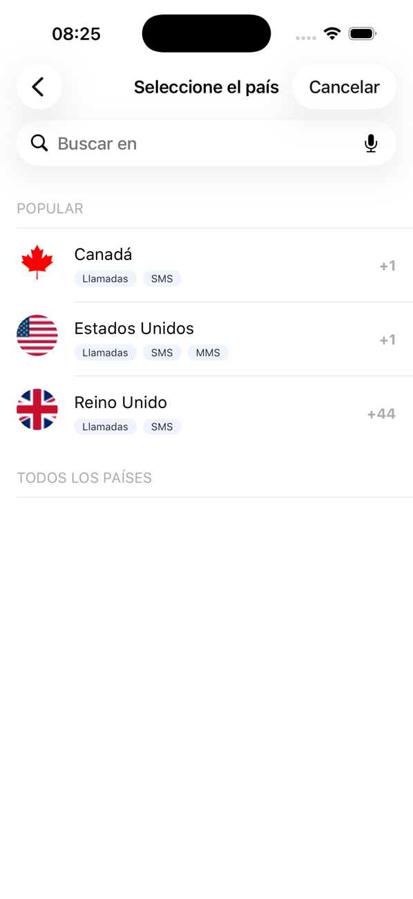Pantalla Seleccionar país al añadir un número, con los países populares y un campo de búsqueda