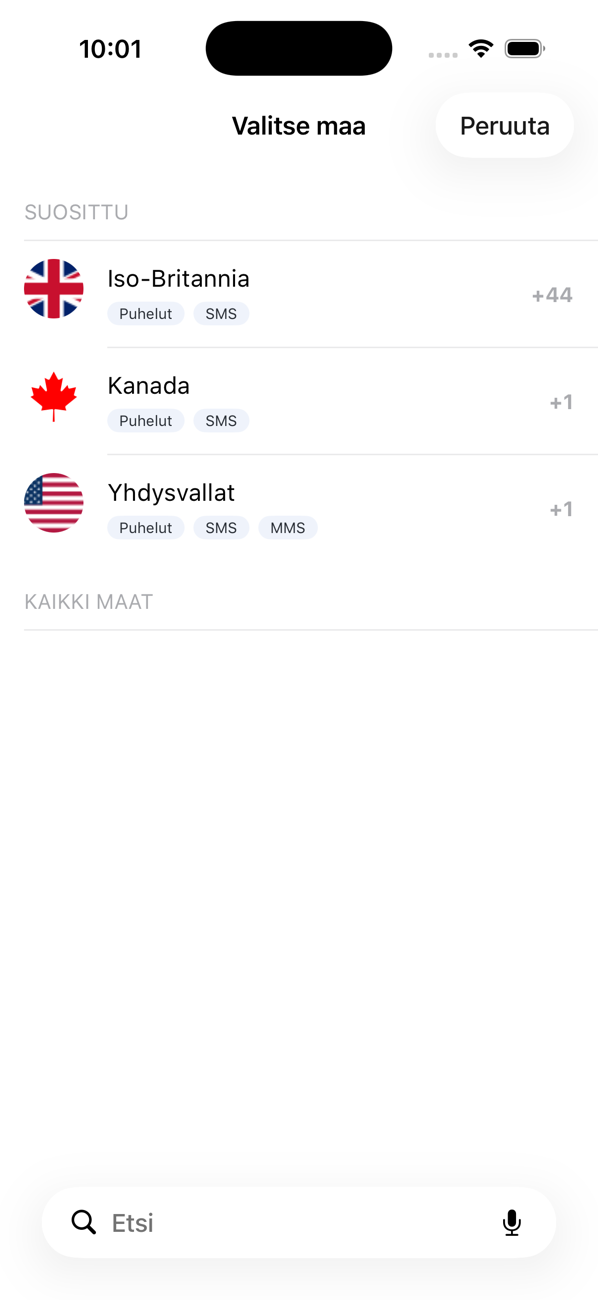 Valitse maa -näyttö, jossa on lista suosituista maista ja niiden Puhelut-, SMS- ja MMS-ominaisuuksista