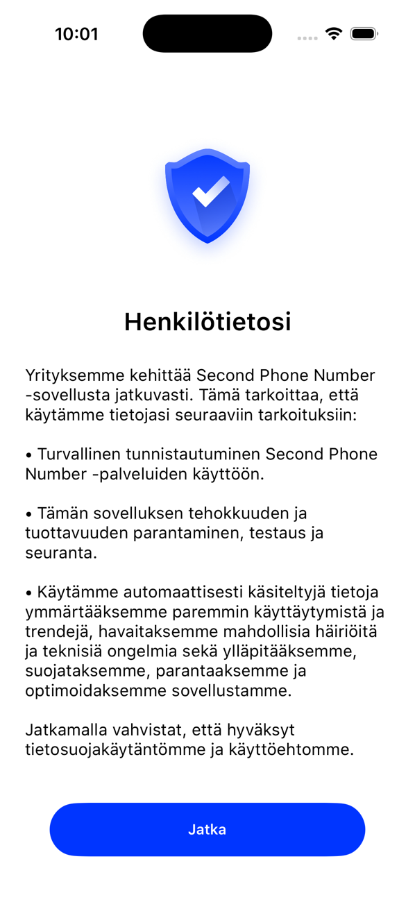 Henkilötietosi-näyttö, joka kertoo, miten sovellus käyttää tietojasi, ja jossa on JATKA-painike