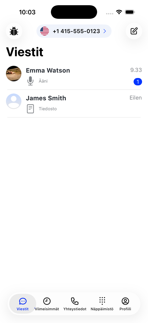 Viestiluettelo, jossa on keskustelut Emma Watsonin ja James Smithin kanssa, yksi lukematon