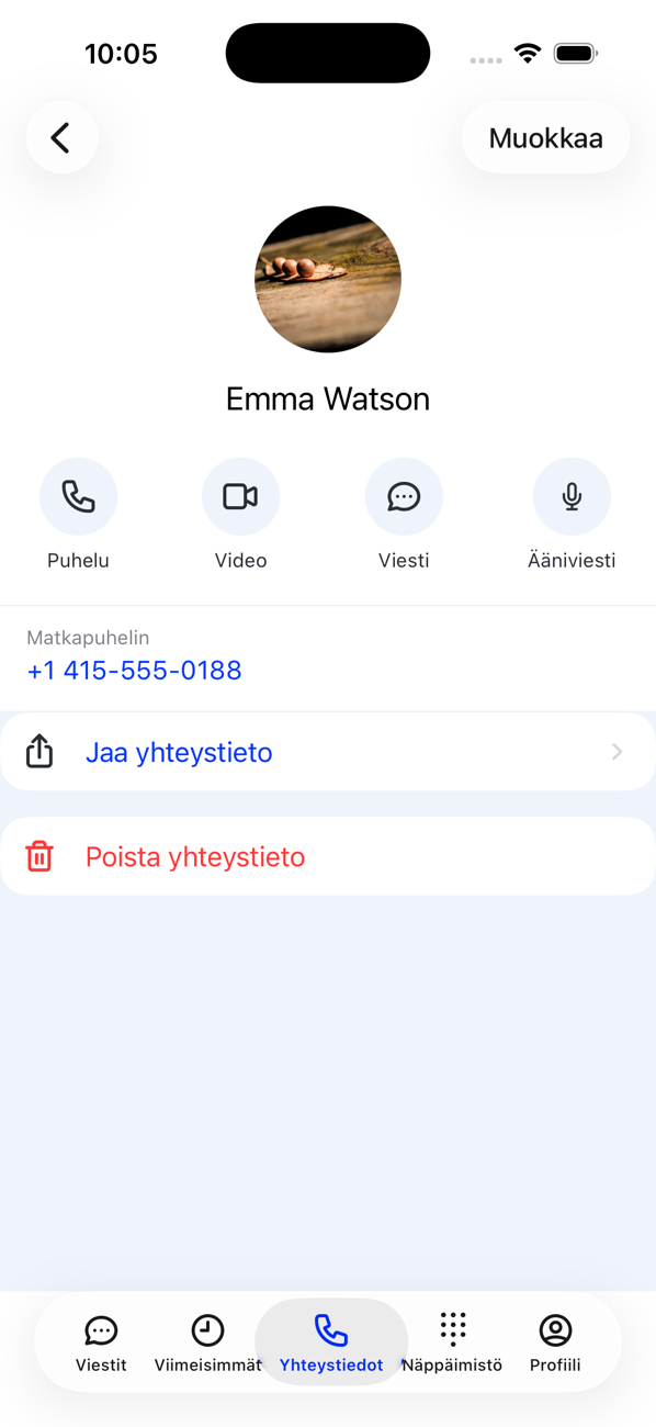 Yhteystiedon profiili, jossa on Soita-, Video-, Viesti- ja Ääniviesti-painikkeet, puhelinnumero, Jaa yhteystieto ja Poista yhteystieto