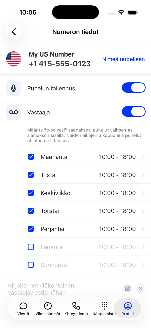 Päänumeron Numeron tiedot -näyttö, jossa on Puhelun tallennus- ja Vastaaja-kytkimet sekä aukioloajat päivittäin